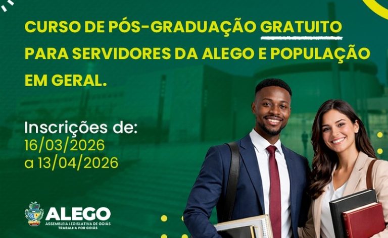 Imagem: Divulgação - Inscrições abertas para pós-graduação em Poder Legislativo da Alego com 60 vagas e bolsas integrais; prazo vai até 13 de abril de 2026.
